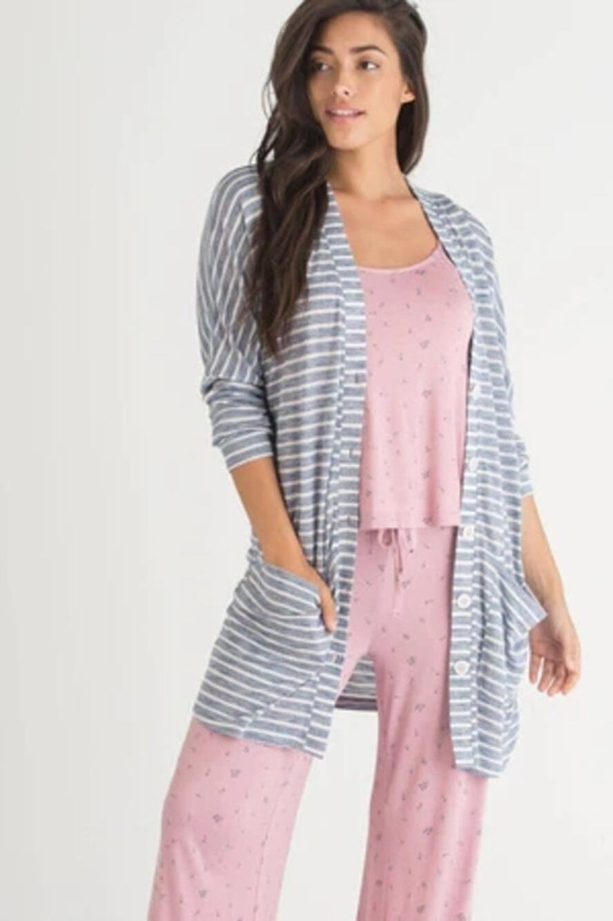 Honeydew Intimates R&R Lounge Cardigan Medium Summit Stripe Blue & White NEW
